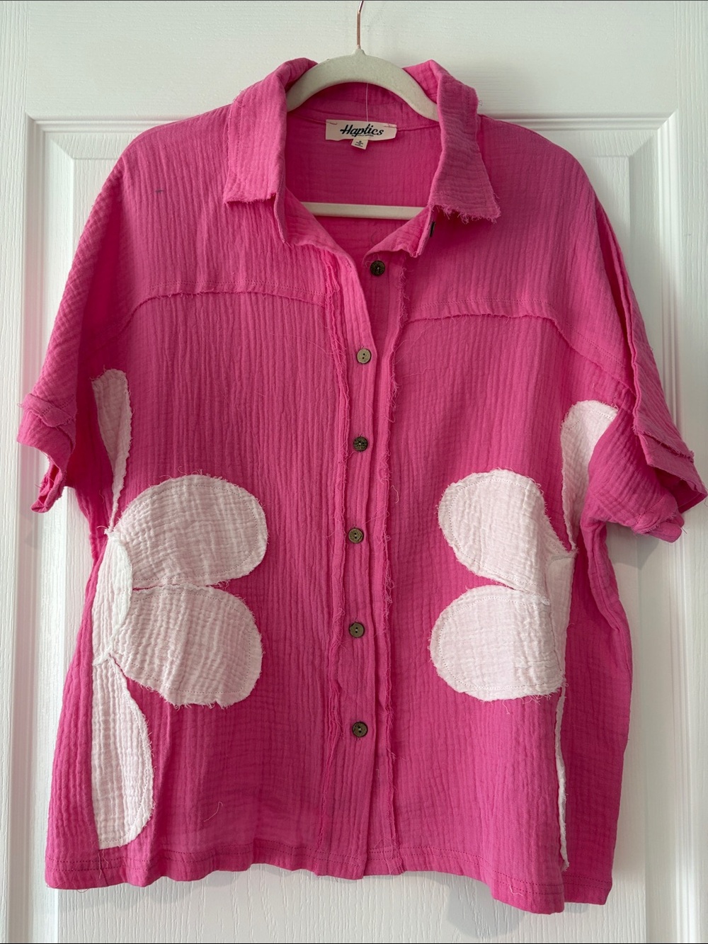 Haptics Vibrant Hot Pink Button-Up Shirt with White Floral Appliqué NWOT